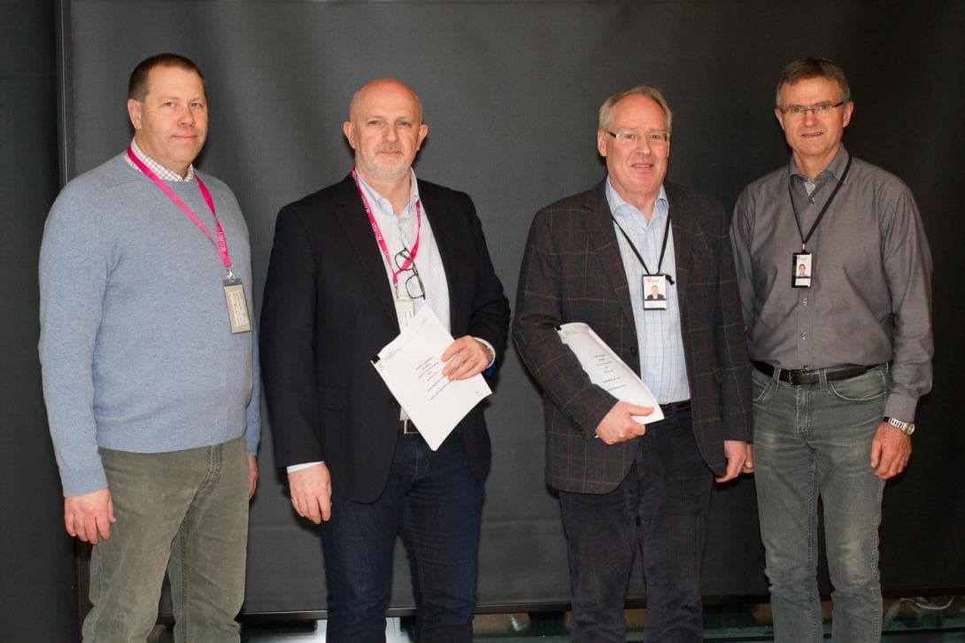 From left to right: Trond Vidar Stensby and Are Magnus Bruaset (both Kalkulo), together with Bjørn Poul Ringvold and Jakob Skogseid (both Statoil). Skogseid and Stensby have been fundamental to the conceptual and technical development of 4DPlates.