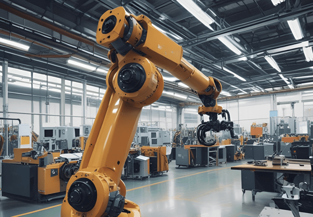 A robotic arm in a factory, generated with DALL·E by Open AI and Imogen by Google Cloud